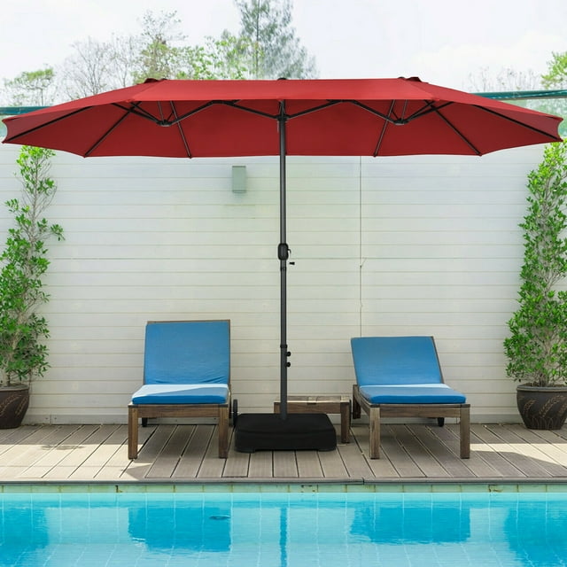 Gymax 15 ft Double-Sided Patio Umbrella Market Twin Umbrella w/ Enhanced Base Wine