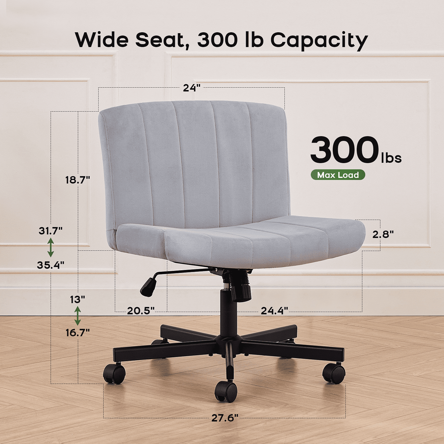 TMV Criss Cross Chair–Armless Office Chair, Fabric Padded Vanity Chair Computer Chair with Wheels, Wide Seat Swivel Desk Chair for Home Office，Gray