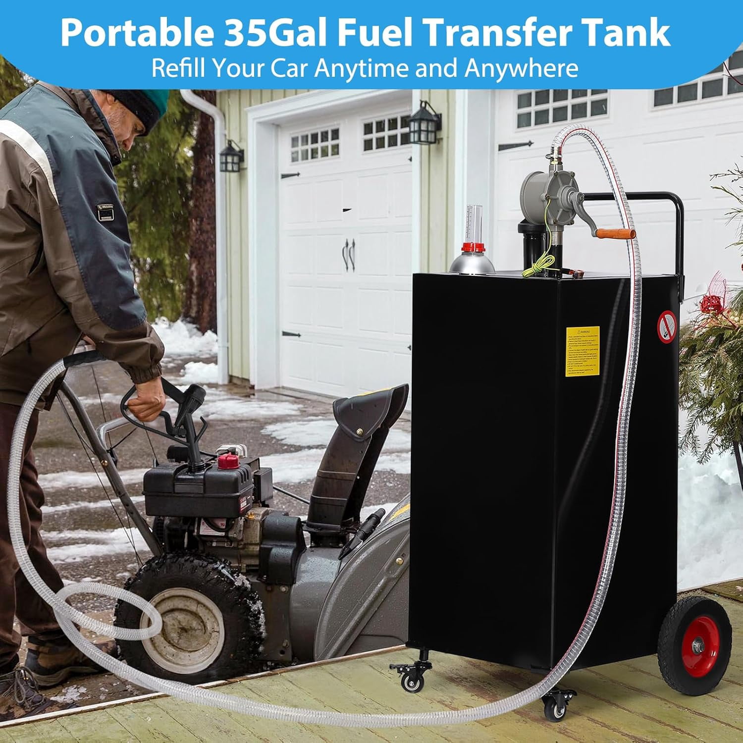 M optimized 35 Gallon Fuel Caddy, Fuel Tank with Manual Transfer Pump for Gasoline & Diesel, Durable 4-Wheel Design, Mobile Fuel Storage for Cars, Trucks, Boats, Lawn Mowers