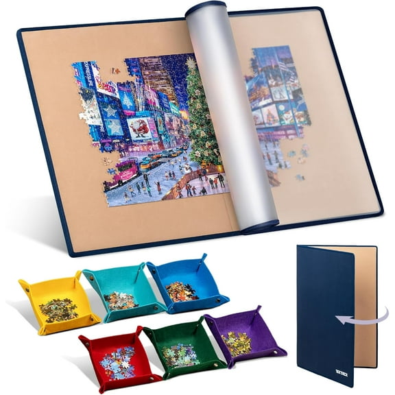 Foldable Jigsaw Puzzle Board with 6 Color Sorting Trays Portable Puzzle Mat with Dustproof Cover for Puzzle Storage Saver, Non-Slip Surface, Up to 2000 Pieces - Khaki