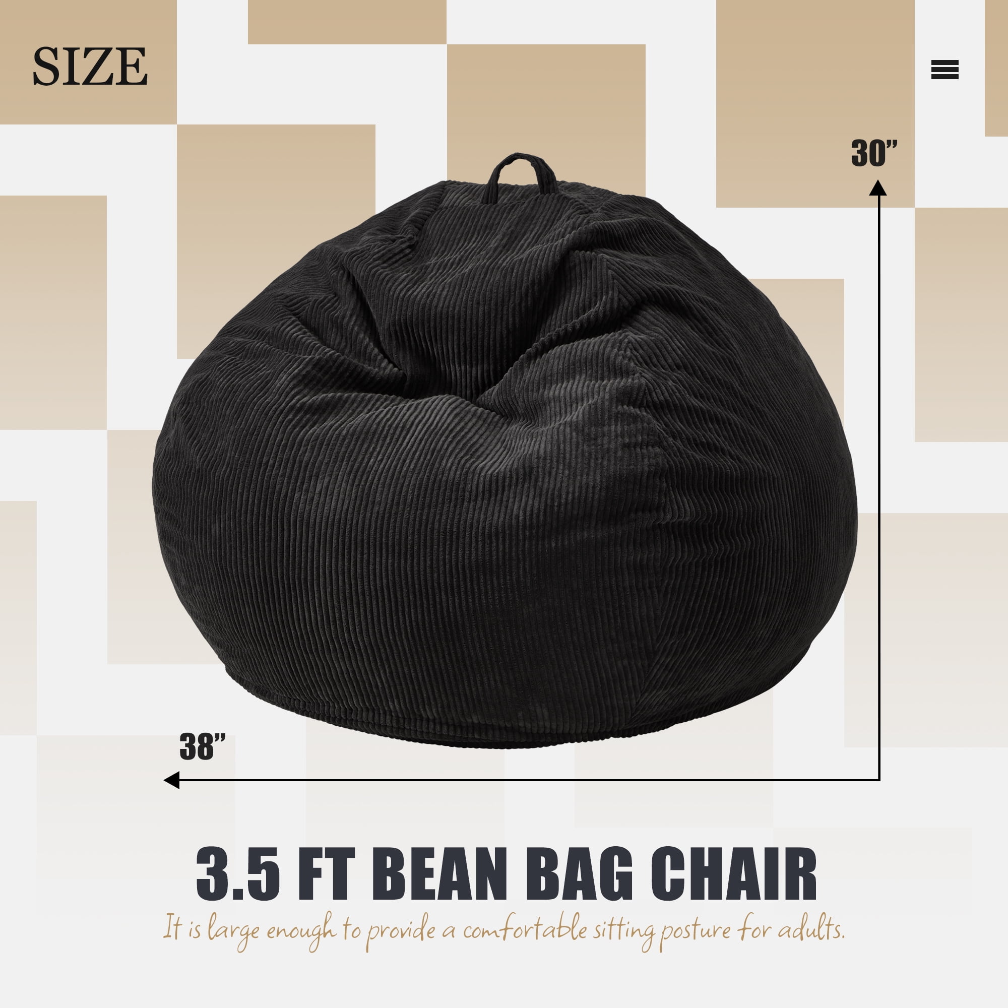 3.5FT Bean Bag Chair Adult Large Bean Bag Chair with Filler Included Teardrop Beanbag Chair with Removable Cover for Bedroom Living Room - (Large, Black)