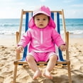thumbnail image 2 of Rggeeun Baby Boys Swimsuit Set 3Pc Cute Striped Pattern Long Sleeve Crew Neck Front Zipper Top & Elastic Waist Swim Trunks with Cover Up Hat for Summer Water Sports Lovely Swim Wear,Pink,12-18 Months, 2 of 8