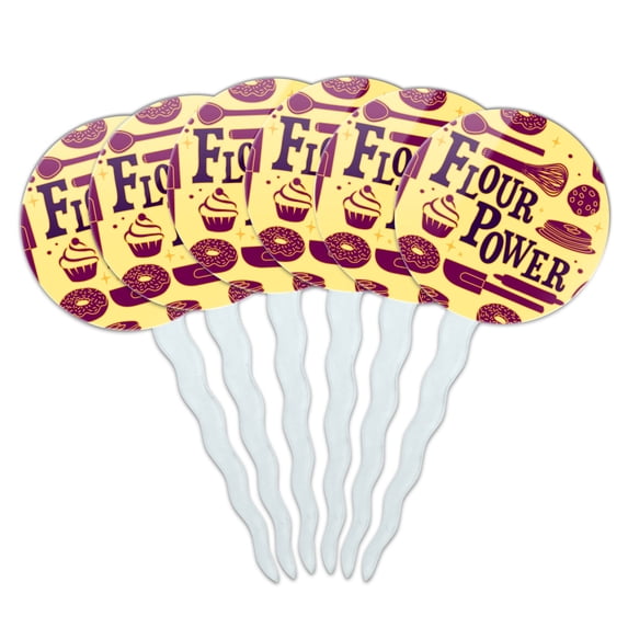 Flour Power Baking Baker Chef Cookie Cake Donut Funny Cupcake Picks Toppers Decoration Set of 6