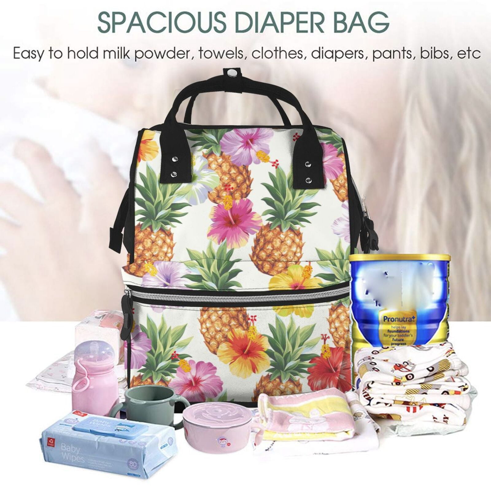 Ratiio Hawaiian Pineappl Mummy Backpack - Waterproof Twill Canvas, Large Capacity Diaper Bag with Multiple Pockets and Adjustable Straps