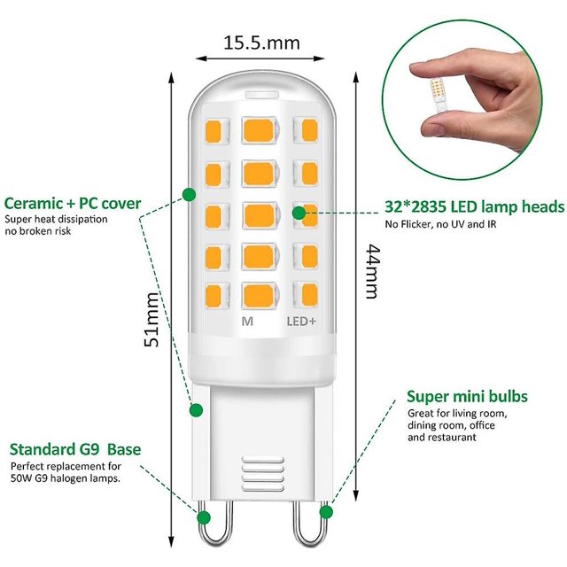 Bombillas led G9, lámpara halógena de 5w equivalente 50w, 15,5mm x 51mm blanco cálido 3000k 500lm no regulable Flicker libre Ac/dc 220-240v para el dormitorio Living R Feliz Sencillez