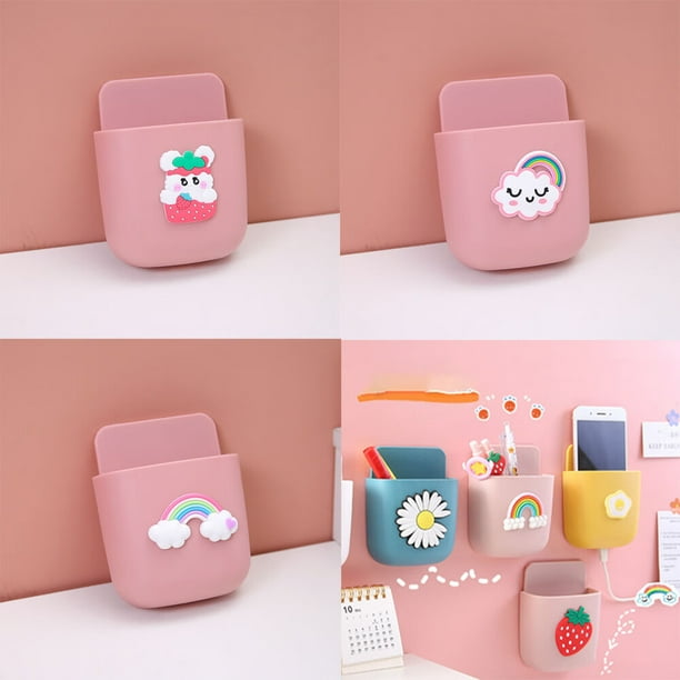 Organizador de pared de ABS de 3 piezas (conejo fresa, emoji arcoíris, nube arcoíris) para soporte de carga de teléfono móvil y control remoto.