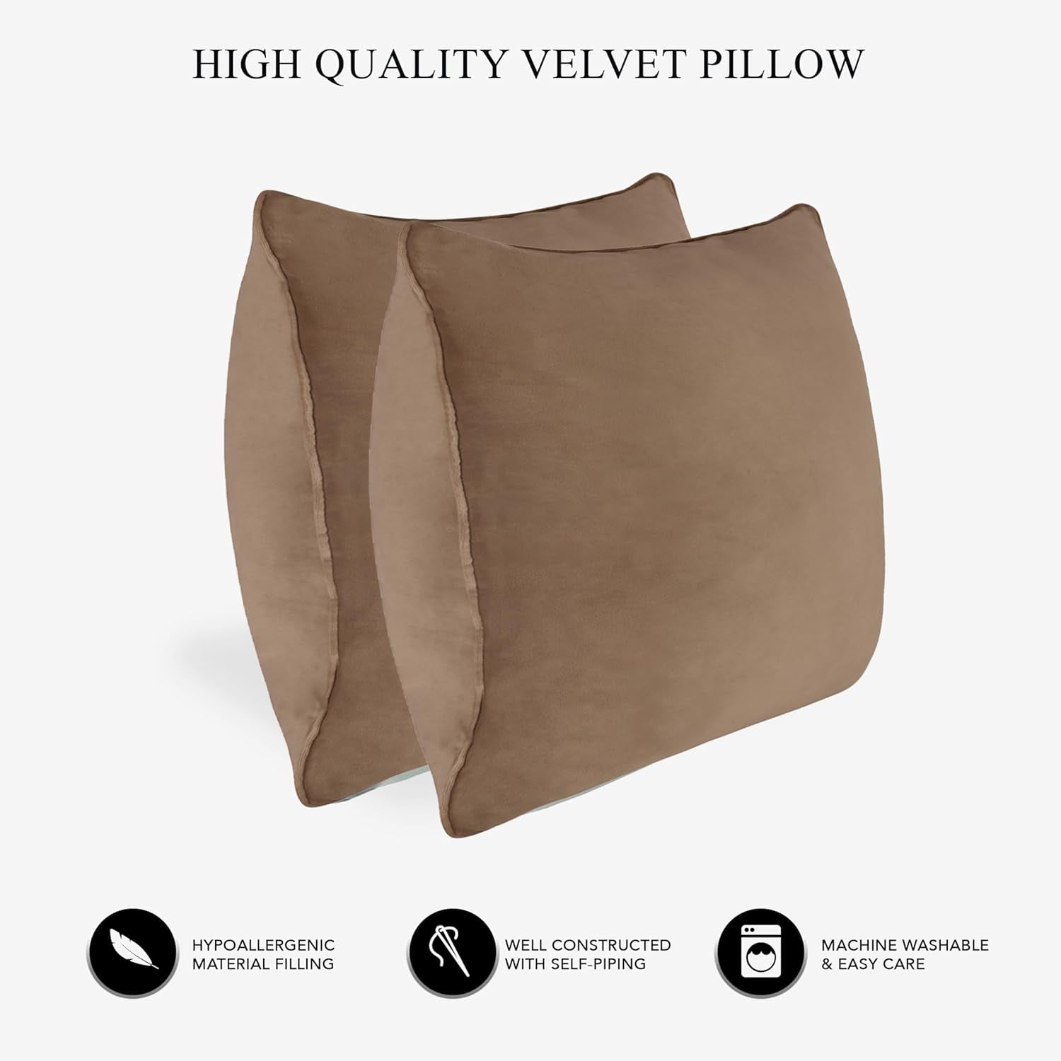 A1HC Hypoallergenic Down Alternative Pillow Inserts, 20x20 in, Square, Pack of 2, Brown Derby