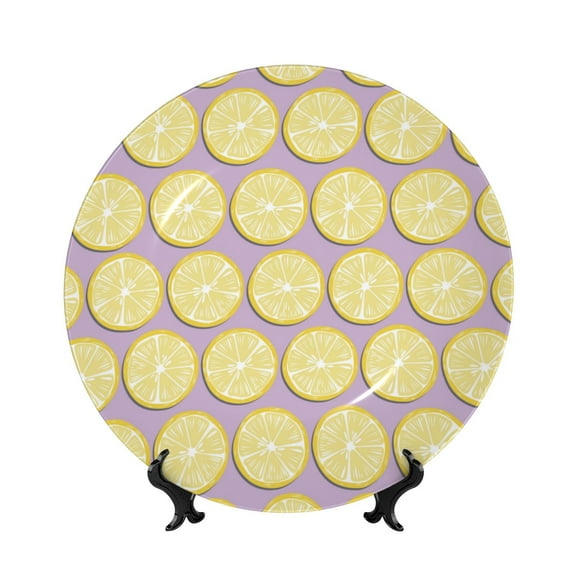 Picia Yellow Lemon Slices Pattern Bone China Decorative Plate – Wall Decor with Stand and Adhesive, Elegant Ornament for Living Room, Office, or Entryway-6in