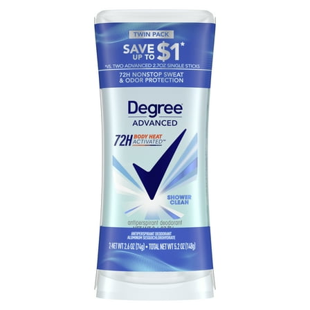 Degree Advanced Women's Antiperspirant Deodorant Stick Twin Pack Shower Clean, 2.6 oz