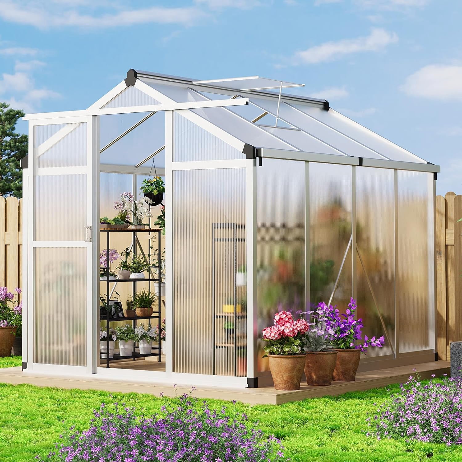 Homhougo 6x8 FT Greenhouse, Large Aluminum Greenhouses for Outdoors, Heavy Duty Polycarbonate Greenhouse with Roof Vent, Walk-in Green Houses for Winter Garden, Backyard, Patio, Lawn, Easy Assembly