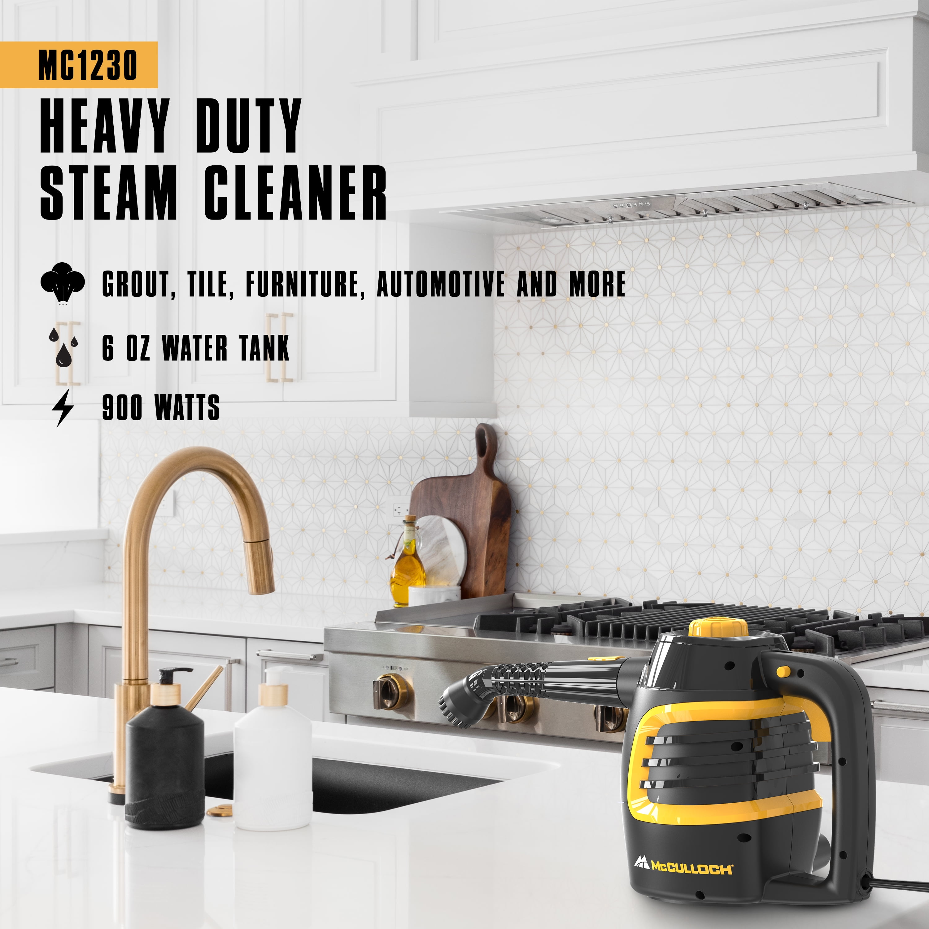 McCulloch MC1230 Handheld Steam Cleaner, 10 Minute Runtime, 11 Accessories: Jet Nozzle, Brushes, & More - Built for Home, Tile, Grout, Carpet, Furniture, Car Detailing, & Commercial Deep Cleaning