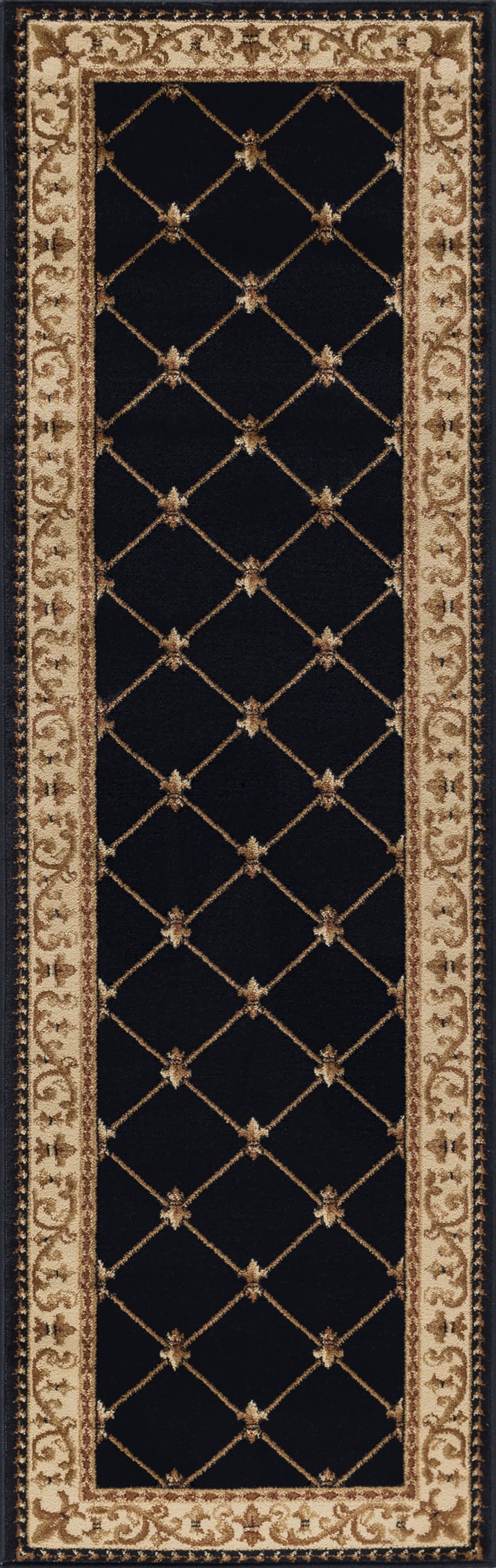 Sensation Traditional 2' x 7' Black and Beige Polypropylene Indoor Area Rug