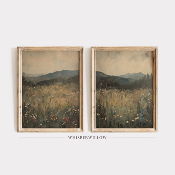 UNFFRAMED Rustic Wildflower Landscape Set Of Two, Moody Mountain Scenery Wall Art, Rustic Meadow Wilderness Decor Set 2 Prints 8x12