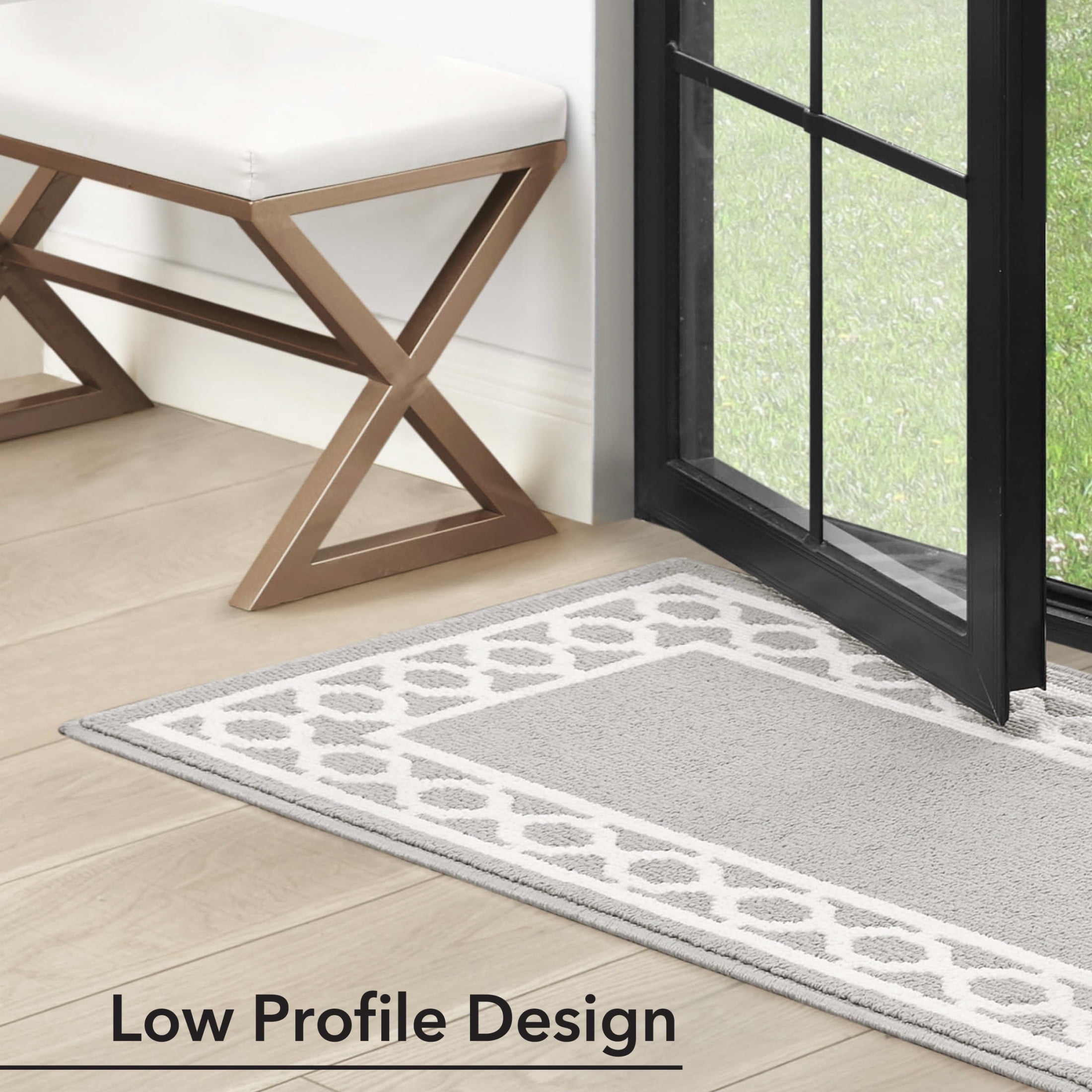 Washable Skid-Resistant Runner Rug, Trellis Border , Light Grey and White , 26" x 45"/26" x 60"