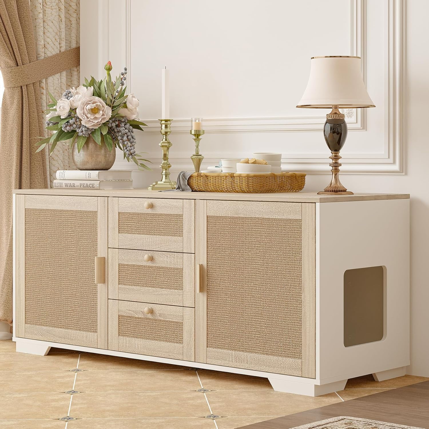 Cat Litter Box Enclosure Furniture Hidden Indoor 2-in-1 Wooden Cat & Washroom Cabinet with Scratching Board Doors and 3 Drawer for 2 Cats 55 x20 x24 H