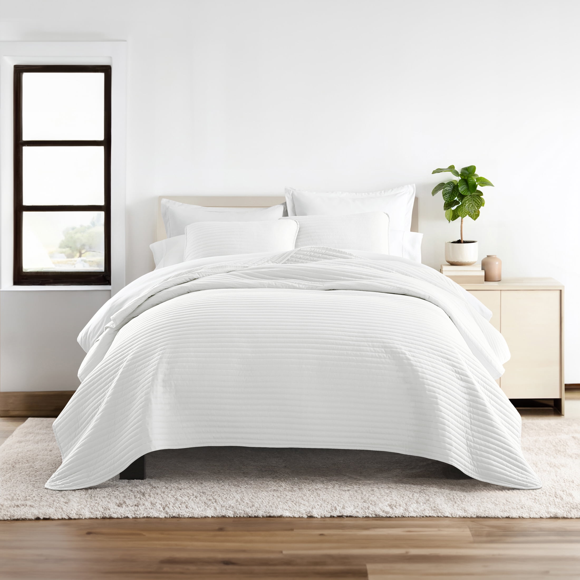 Wrinkle Resistant All Season Quilt Set Coverlet White Striped Stitched for King Size Bedding by Comfort Canopy