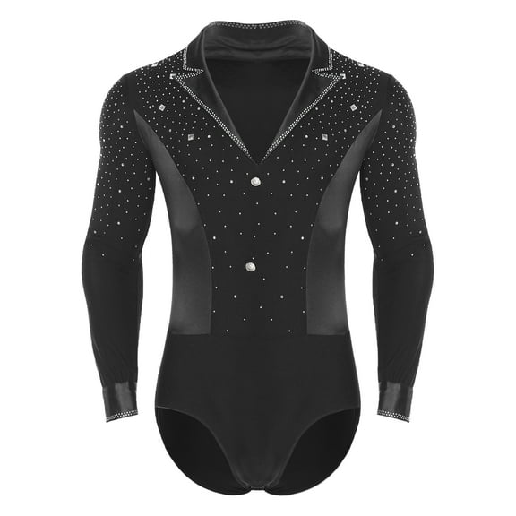 Zaldita Mens Modern Latin Dance Bodysuit Tops Long Sleeve Rhinestone Figure Skating Jumpsuit Black XL
