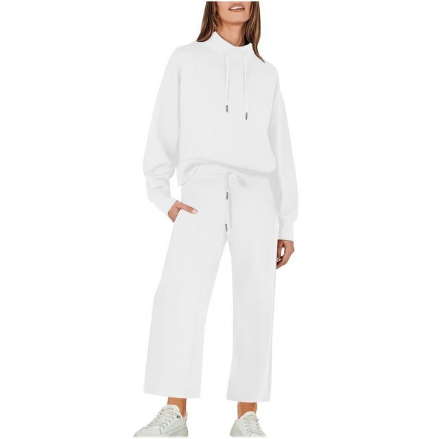 Timegard 2 Piece Sets for Women Oversized Turtle Neck Long Sleeve Pullover Tops Drawstring Wide Leg Pants with Pockets