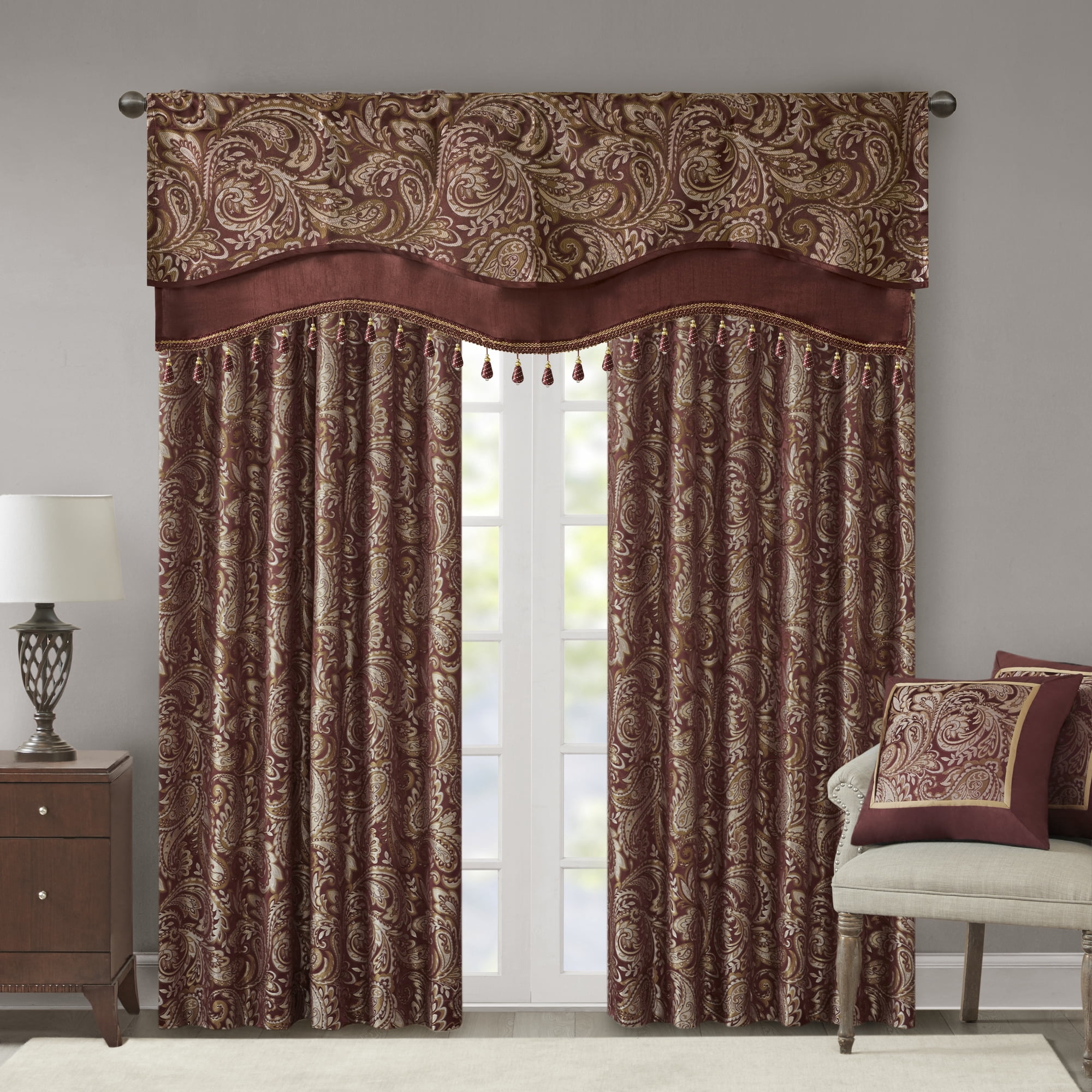 MAYEERTY 50x18" Jacquard Rod Pocket Valance With Beads Burgundy