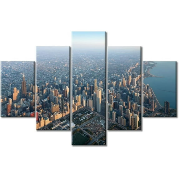 TISHIRON 5PCS Framed City Landscape Theme Canvas Wall Art Set,60"x32" Chicago City Landscape Wall Canvas Art Decor