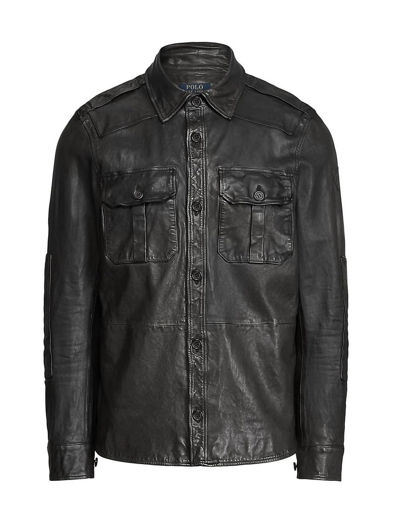 トップス Layered Polo Knit/Leather Shirts Jacket Polo Ralph Lauren POLO BLACK Men's Leather Shirt Jacket, US 2X
