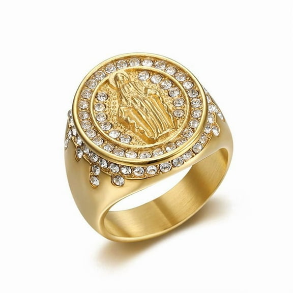 Hip Hop Bling Iced Out 14K Yellow Gold Catholic Virgin Mary Rings for Men Rapper Jewelry Golden Color