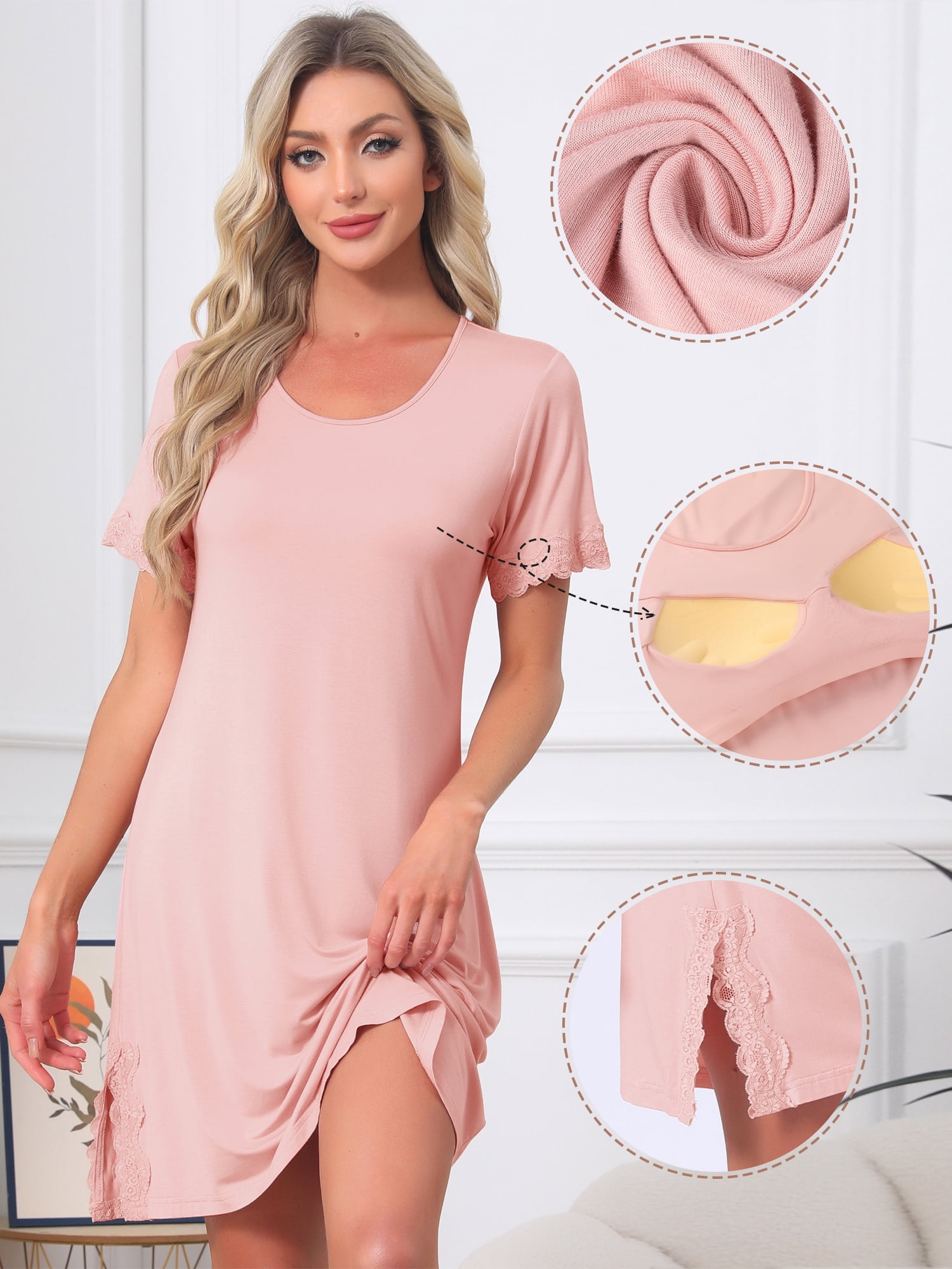 DARING DIVA Women's Nightgown Lace Trim Short Sleeve Sleepwear S Pink