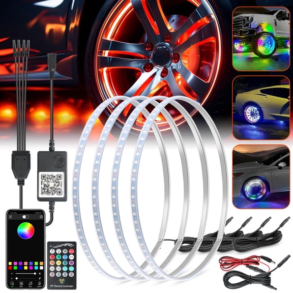 Elegant Choise 15'' LED Exterior Decorative Lights Fits Truck Car Rim RGB APP Bluetooth, Remote Control 4 Pack