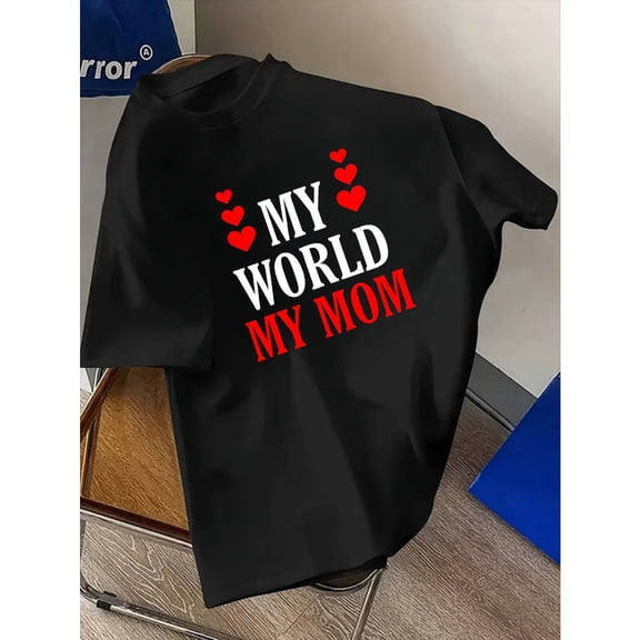 MAWOTEA My World My Mom Hearts Print T-shirt for Kids Mother Day Gift, Size 5-12