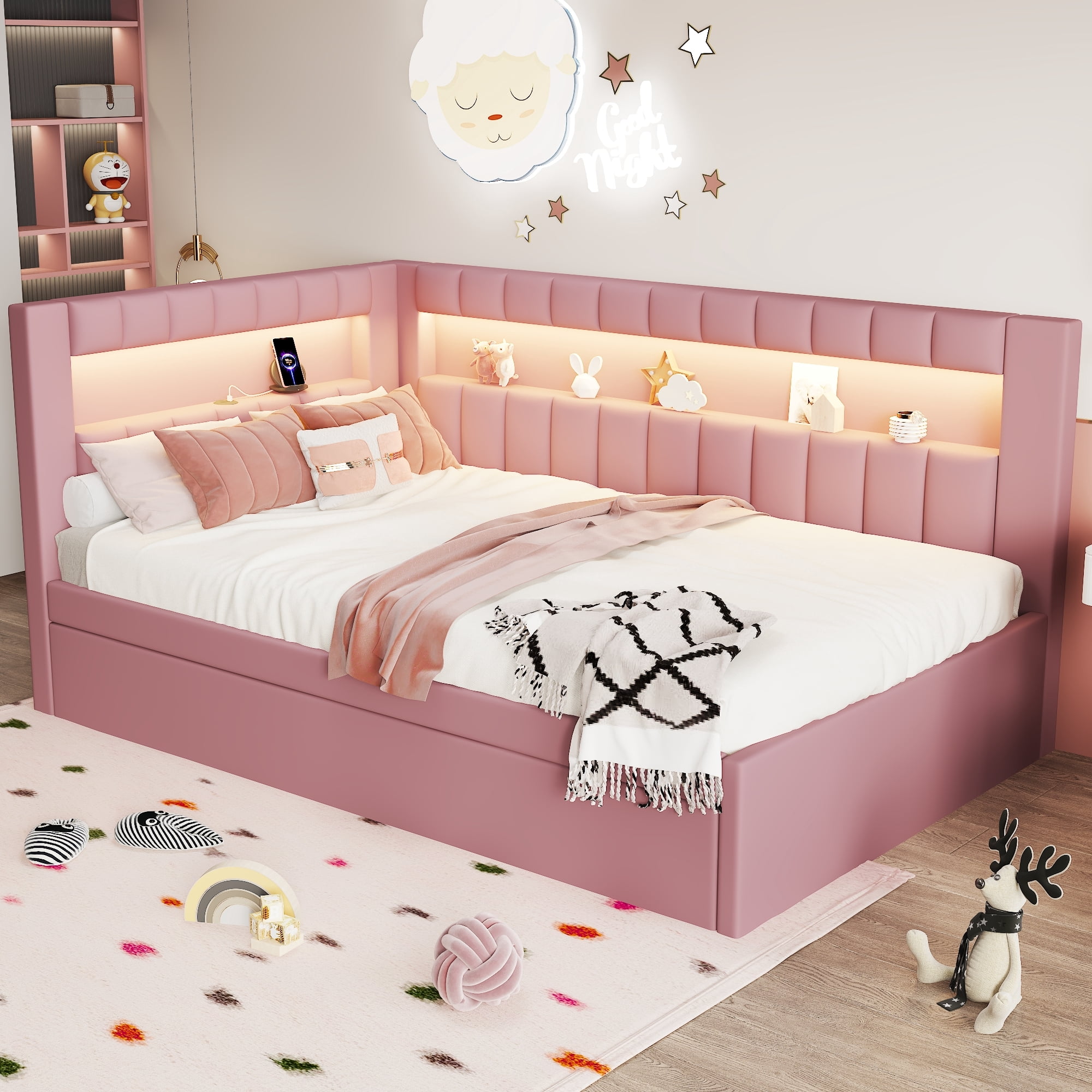 Euroco Upholstered Twin Size Daybed with Trundle, USB Charging Station and LED Light, Pink