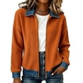 thumbnail image 2 of JULMCOMO Ribbed Knit Jacket for Women Collared Denim Contrast Zip Up Jacket Spliced Jean Trim Long Sleeve Casual Cardigan Saffron 2XL, 2 of 5
