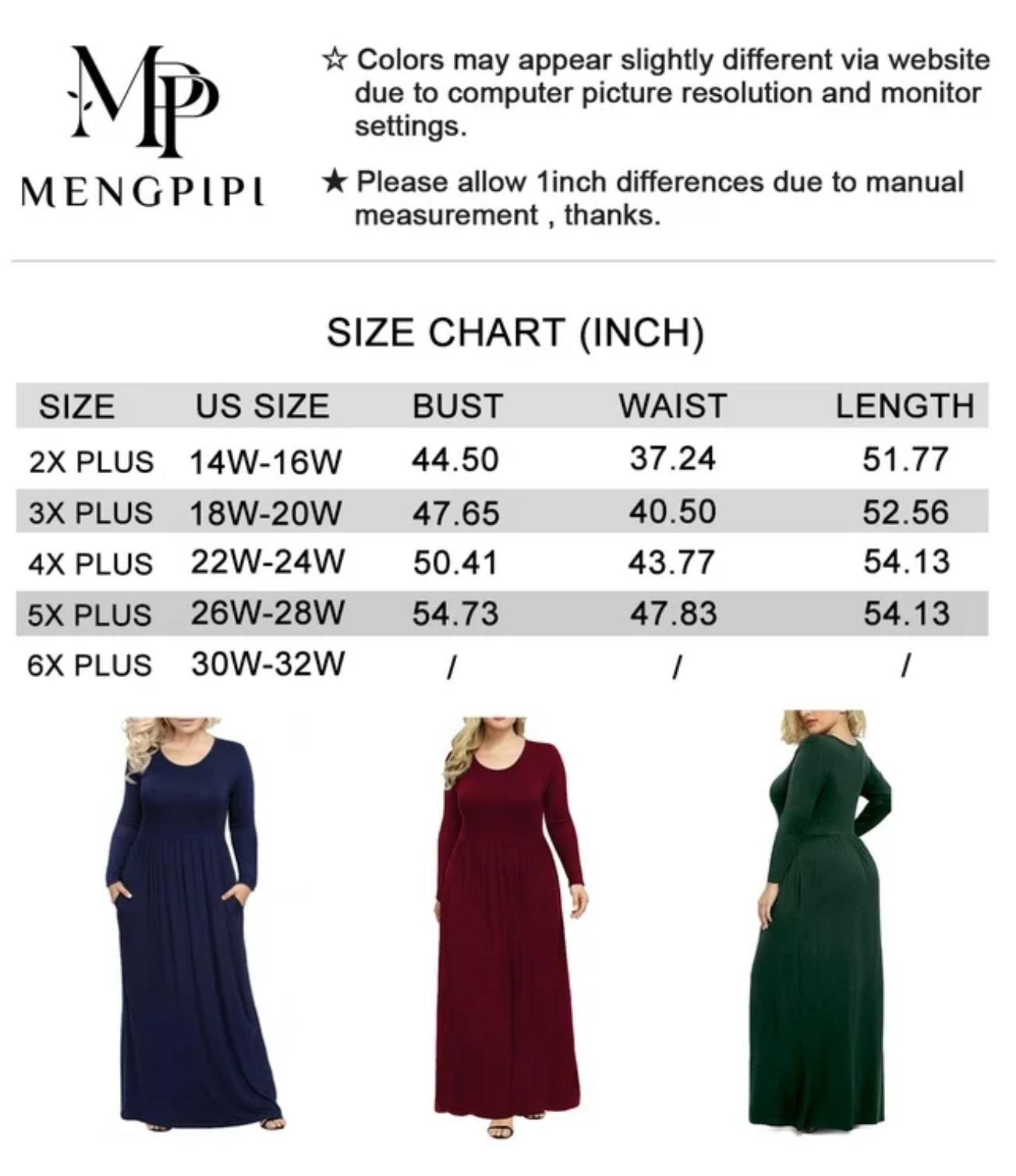 Mengpipi Women's Plus Size Long Sleeve Maxi Dress, Red photo 2