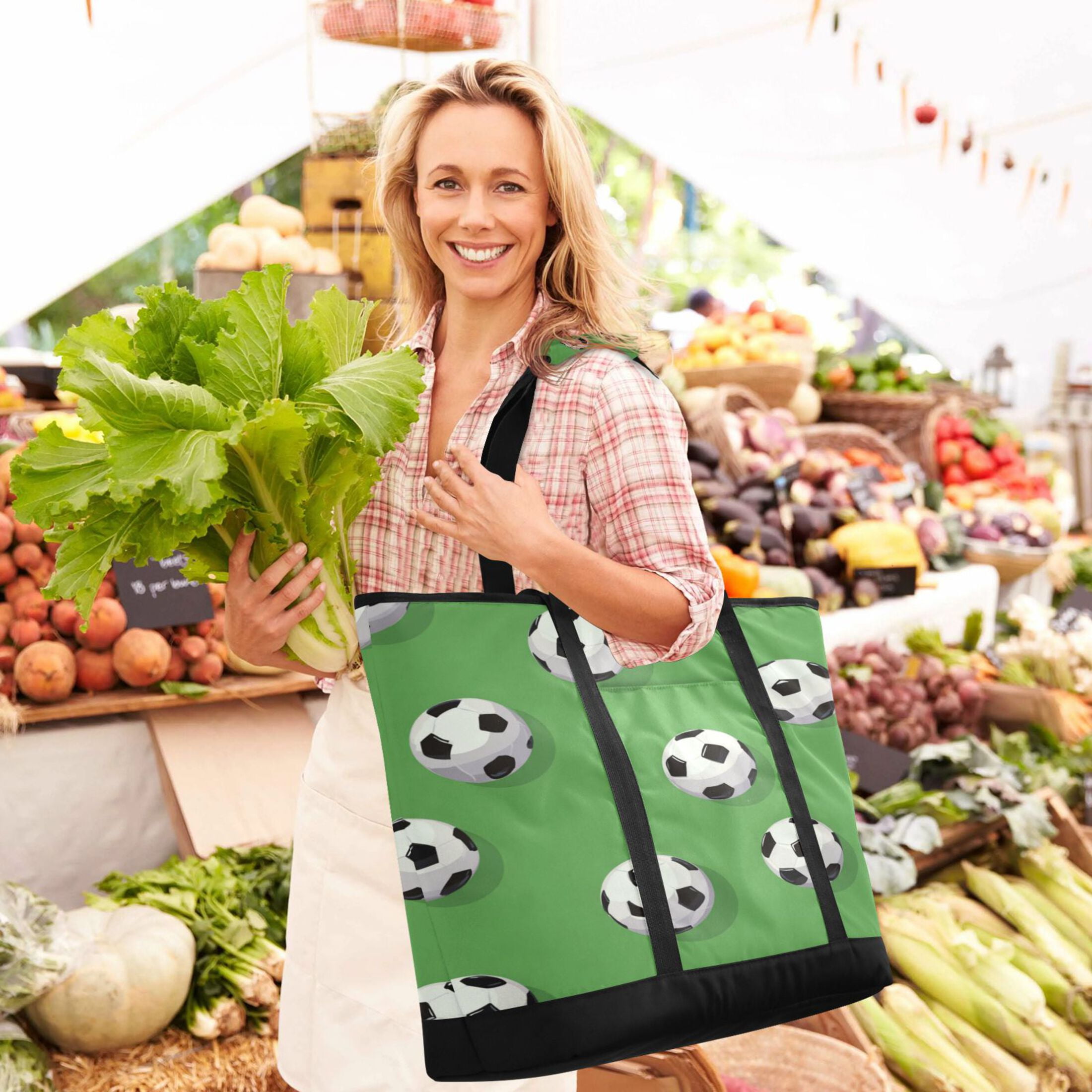 Extra-Large Wide Opening Design Capacity Hand-Held Ice Pack Thickened Insulation Layer For Long-Lasting Cold Retention For Outdoor Shopping Picnics And Camping Soccer Balls Pattern