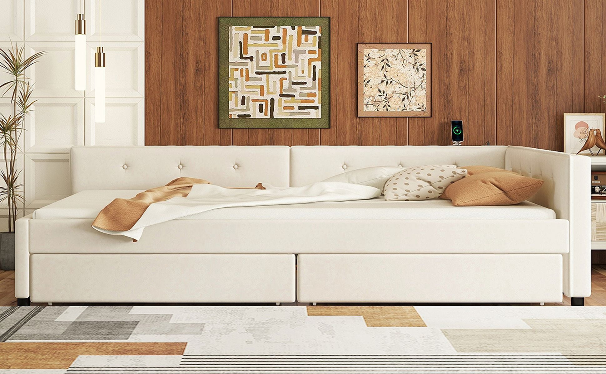 Queen Size Upholstered Platform Bed, Wood Bed Frame with Twin Size 2 Drawers and USB for Bedroom, Apartment, No Box Spring Needed, Beige