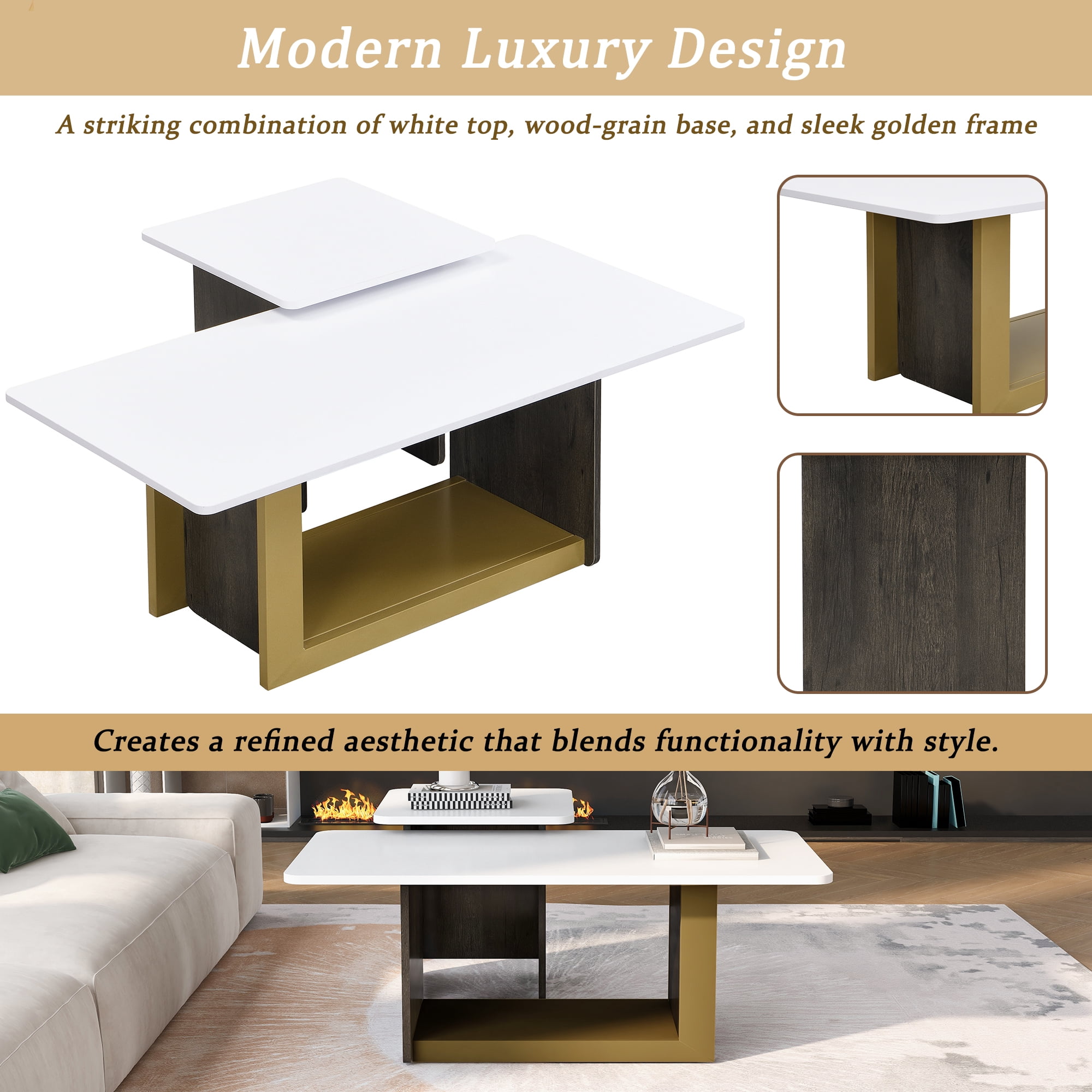 Coffee Table Set, Modern Square Tables, Living Room End Table Set of 2 with Spacious Top and Metal Frame, Durable MDF Construction, 47.2" and 19.7" Two-Piece Set, White