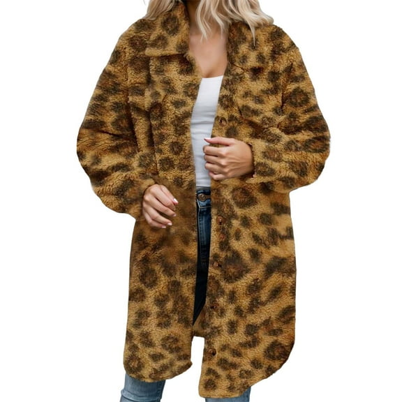 DHFJKG Women's Winter Teddy Long Jacket Leopard Print Windproof Button-Down Long Sleeve Turndown Collar Mediun Length Fuzzy Coat Thickened Soft Outerwear
