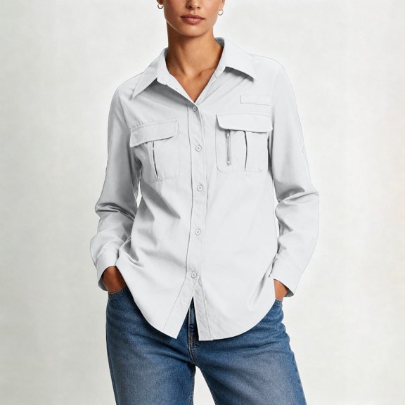 Gamivast Women's Long Sleeve Shirts upf Sun Protection Quick Dry Lightweight Fishing Shirt with Zipper Pockets for Hiking Safari Outdoor Activewear Tops White XL