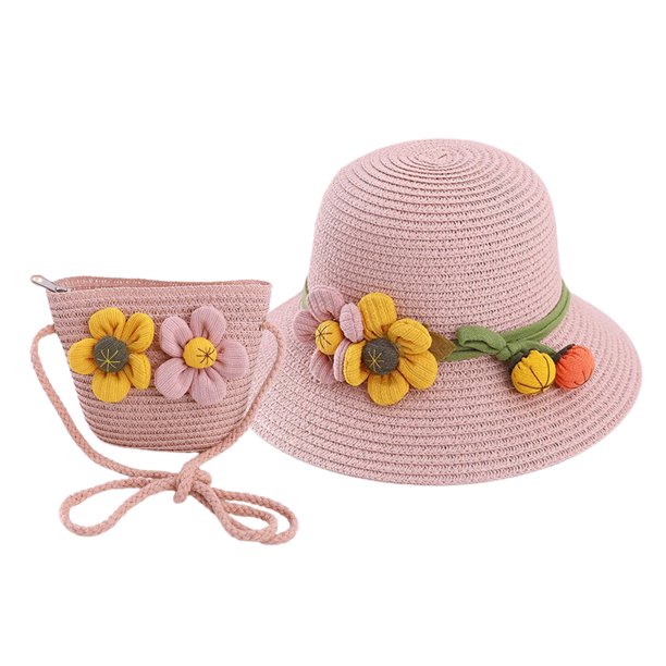 Sombrero de paja con flores para mujer, conjunto de bolsa de paja, aleros grandes, sombrilla para exteriores, protección solar, circunferencia de 56-58 cm