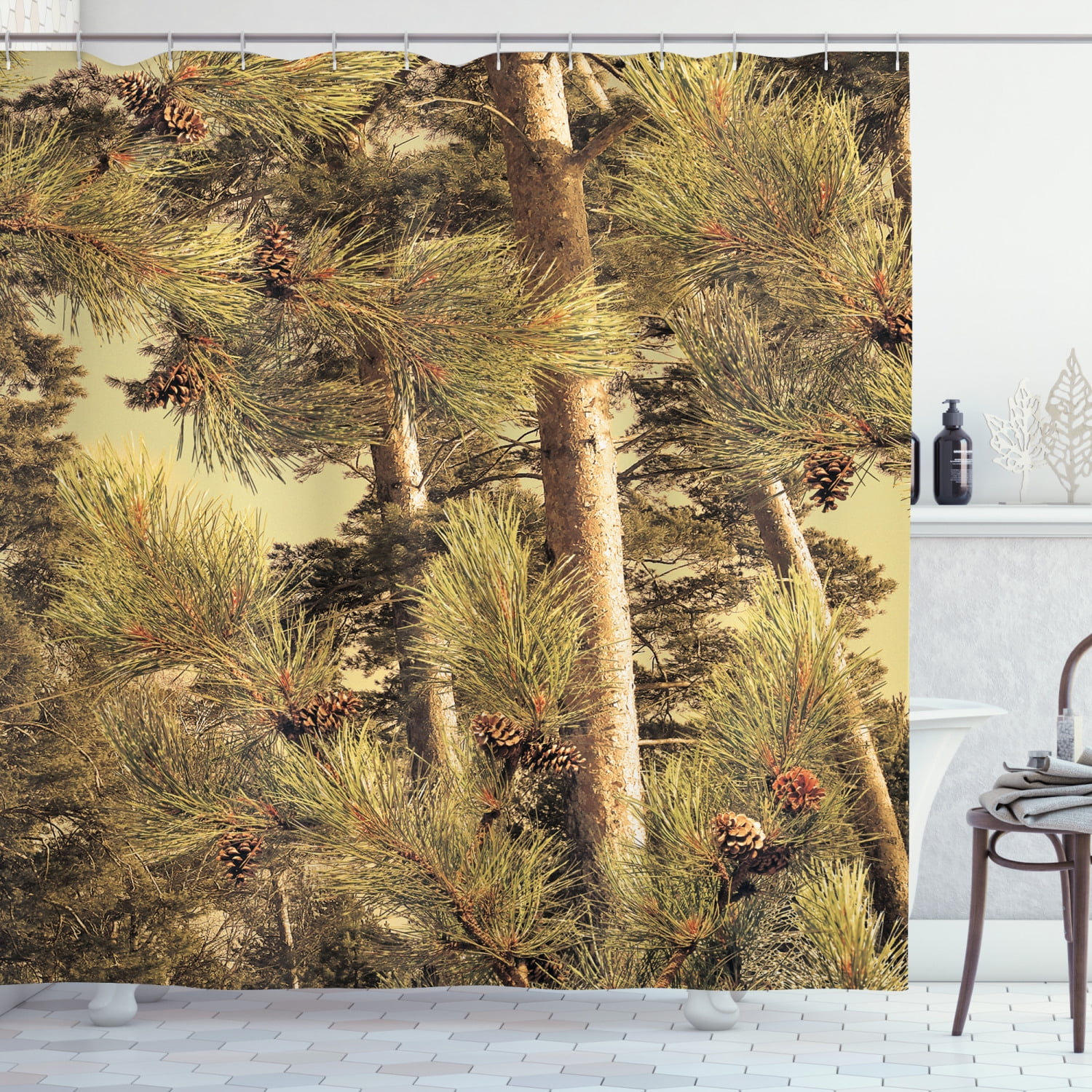 Pinecones Shower Curtain, Pinecones Tree Realtree Spring Summer Theme, Polyester Fabric Bathroom Decor Shower Curtain Set with Hooks, 69' W x 70' L, Pale Green, by Ambesonne