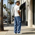 thumbnail image 3 of Dweltoz Men Linen Cargo Pants Baggy Elastic Waist Trousers Lightweight Breathable Wide Straight Leg Workwear with Pockets,Navy M, 3 of 6