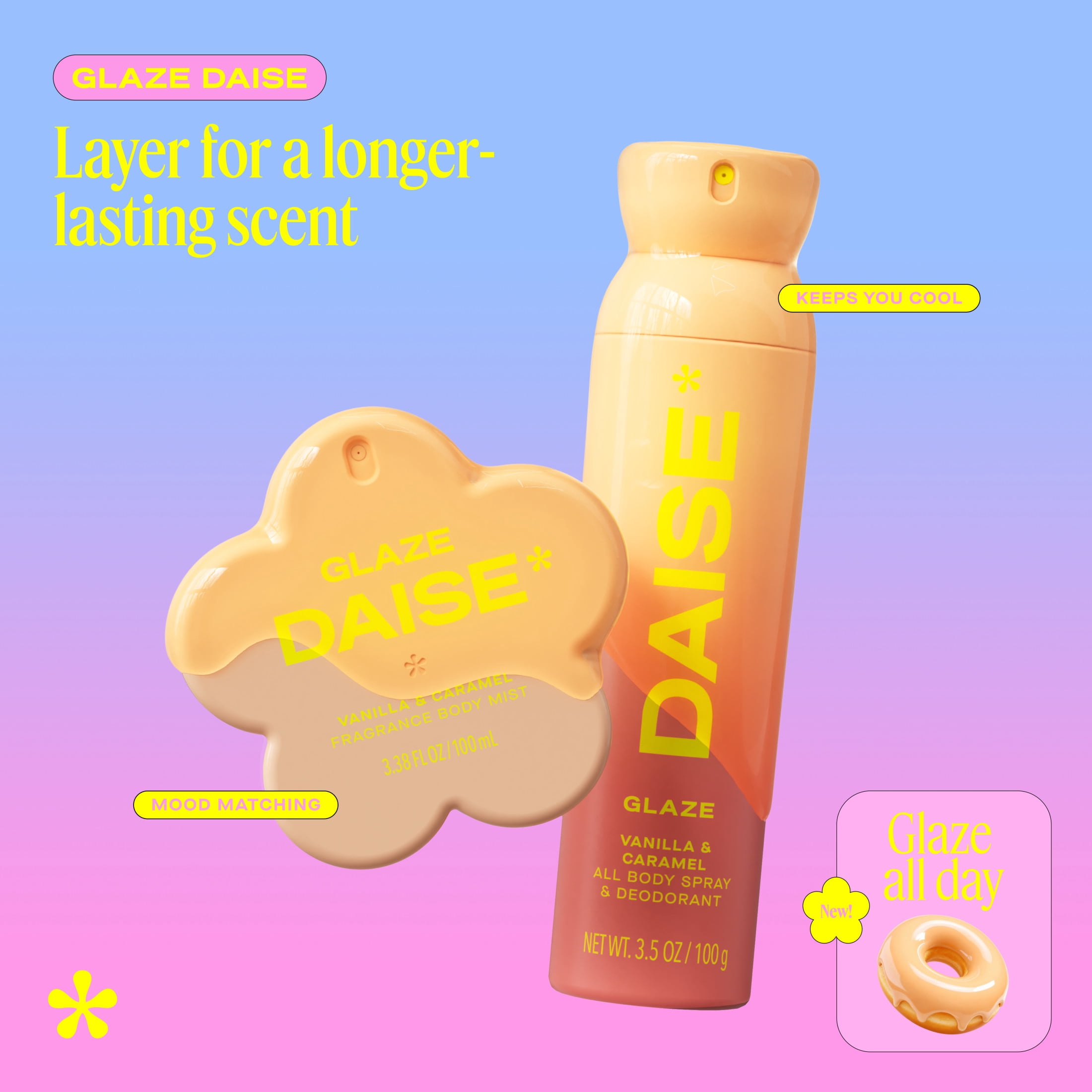 DAISE All Body Spray & Deodorant in Glaze, Vanilla & Caramel for 24hr Freshness, 3.5 oz / 100 g