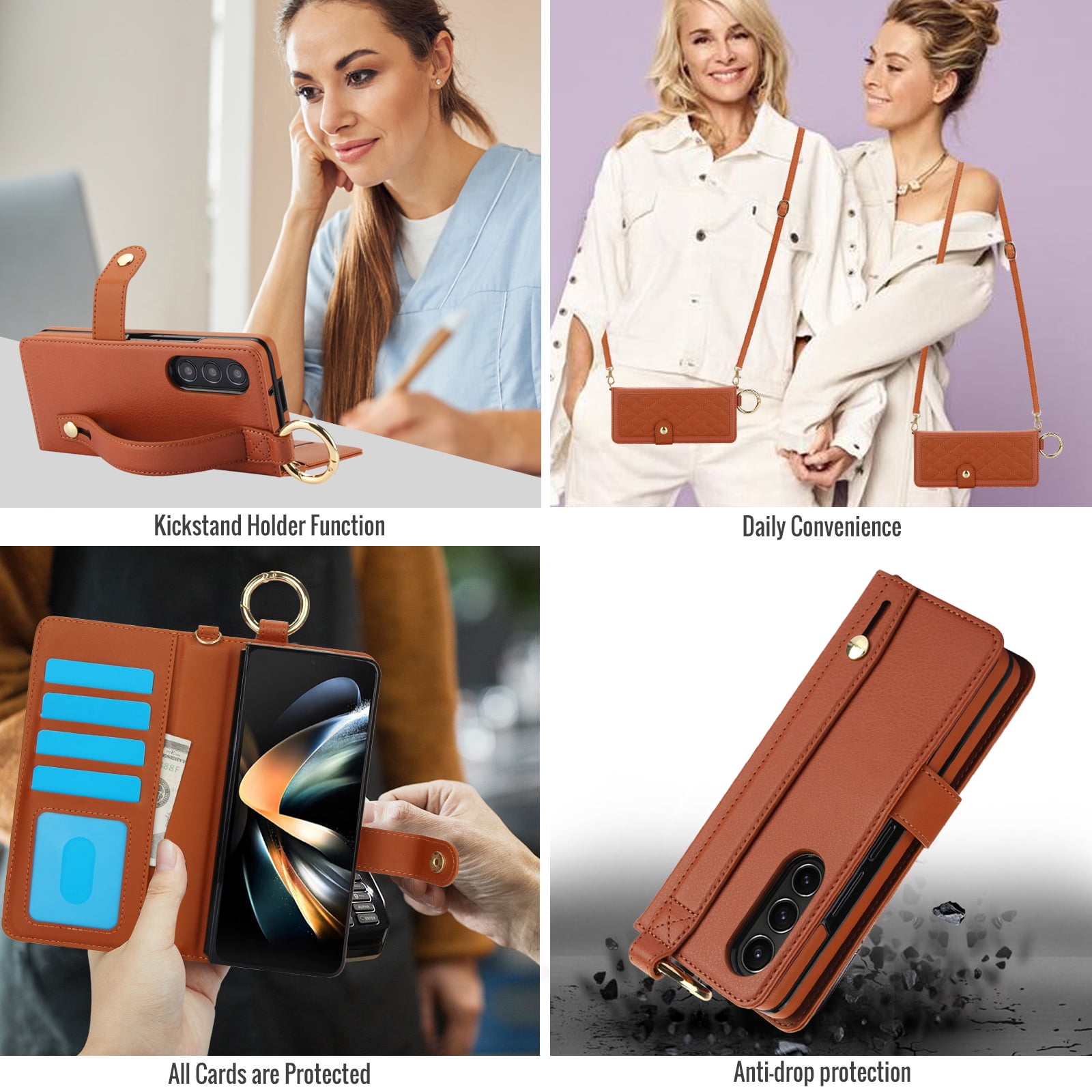 for Samsung Galaxy Z Fold 4 Crossbody Wallet Case, RFID Blocking Card Slots, Ring Buckle Luxury PU Leather Flip Phone Case with Pen Slot Lanyard Strap Wristband Kickstand Cover, Brown