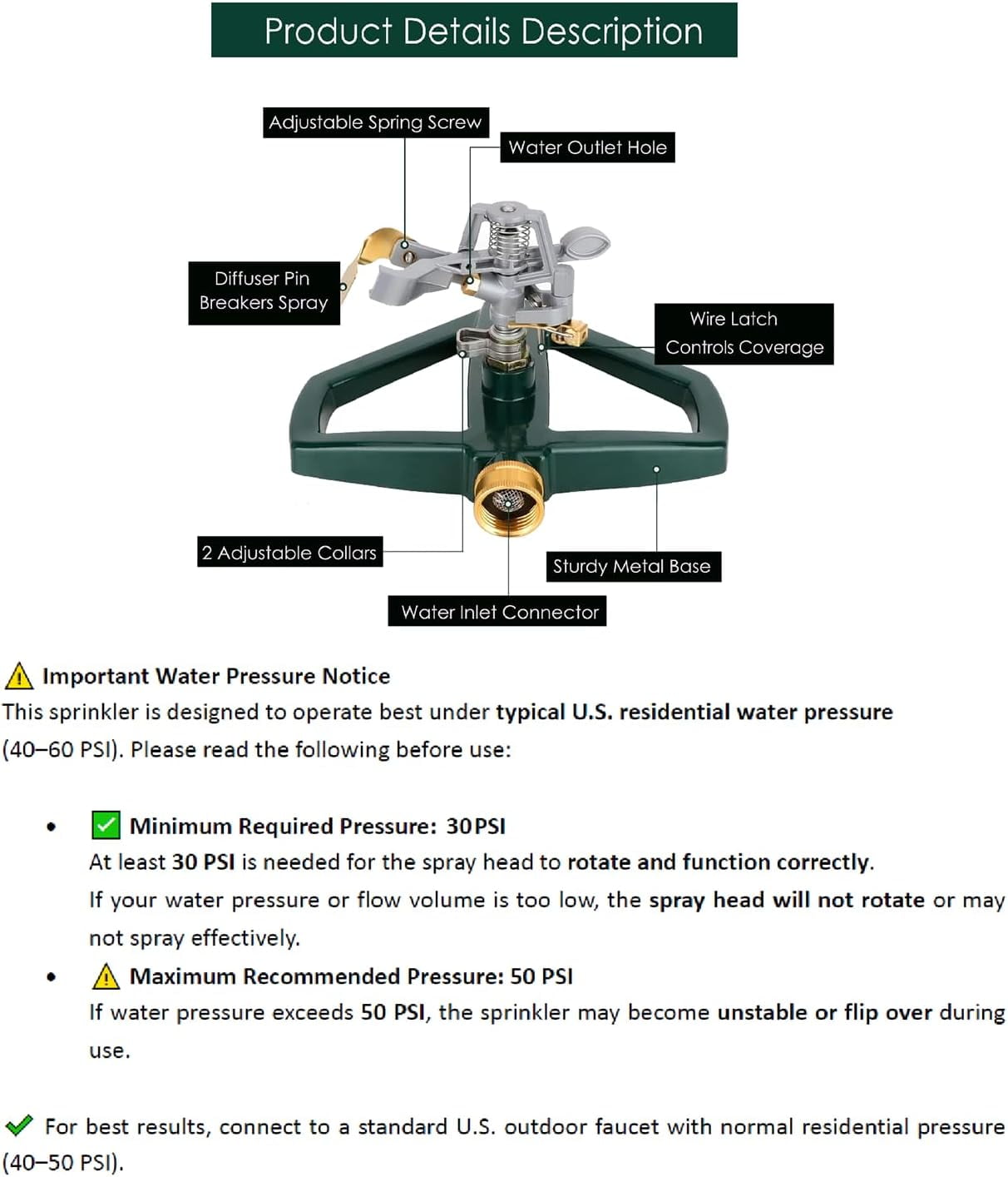Heavy Duty Metal Pulsating Sprinklers for Yard - 360 Degree Roating Automatic Water Sprinkler Lawn with Base, Impact Large Area Covers Up to 85‘ Diameter
