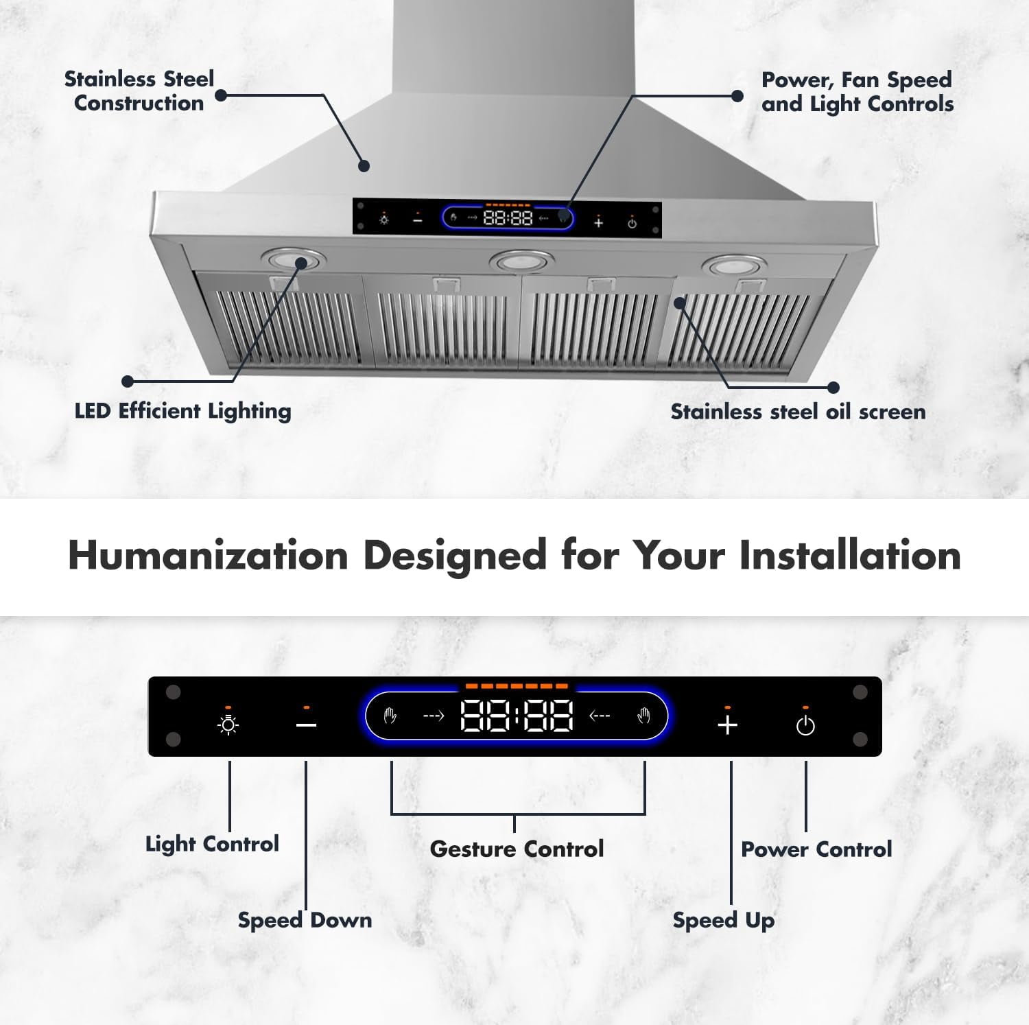 48 inch Wall Mount Range Hood Convertible Vent with Permanent Baffle Filters 800 CFM Stainless Steel for Kitchen Gesture Sensing & Touch Control, 4 Speed Exhaust Fan, ETL listed
