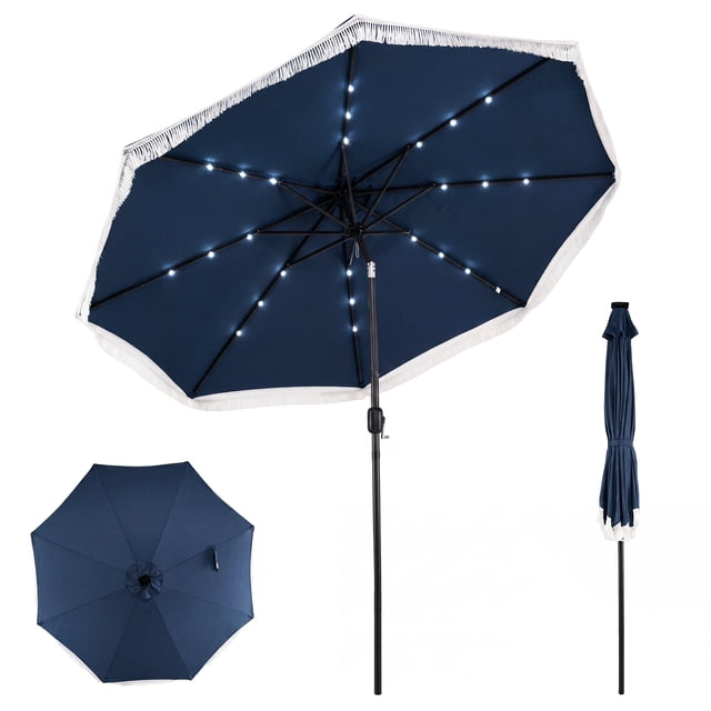 Costway 10 FT Solar Patio Umbrella with 24 LED Lights, Market Table Umbrella with Fringe Navy Blue