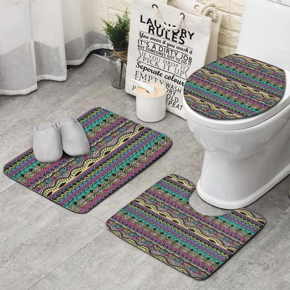 Colorful Ethnic Pattern Bathroom Rugs Sets 3 Piece,Toilet Cover Set,Absorbent Non Slip Bathroom Mats Sets with U-Shaped Contour Rug Toilet Rug Set