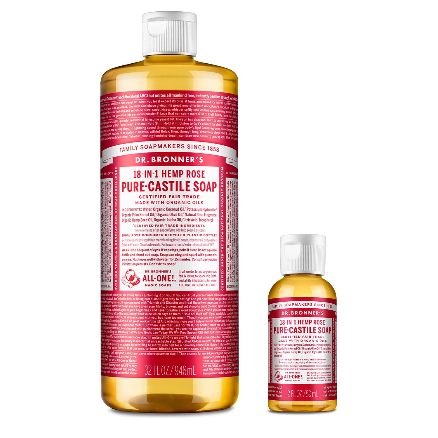 Dr. Bronner's PureCastile Liquid Soap Rose Bundle. 32 oz. Bottle and