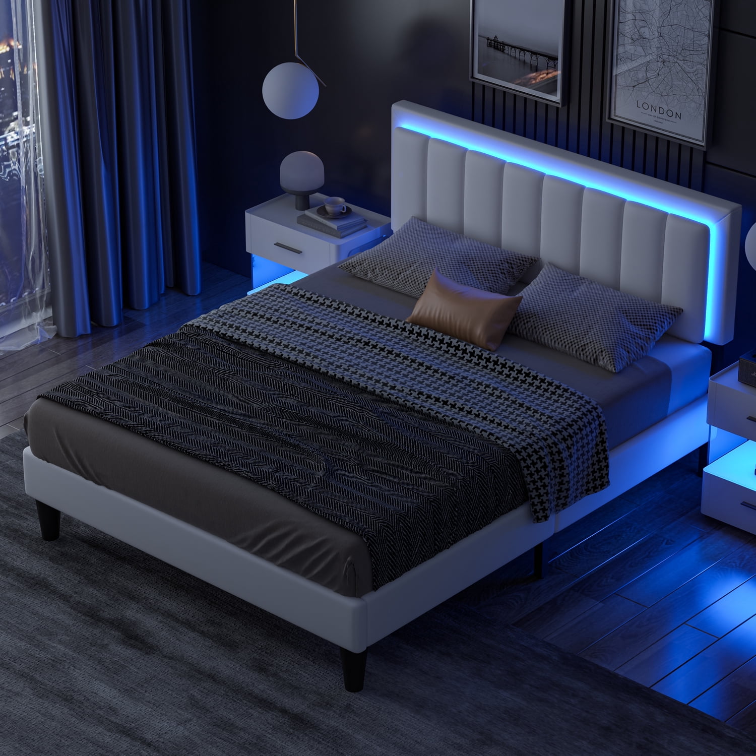4 EVER WINNER LED Queen Size Bed Frame, White Queen Bed Frame with Led Light Headboard, PU Leather Upholstered Bed Frame, White