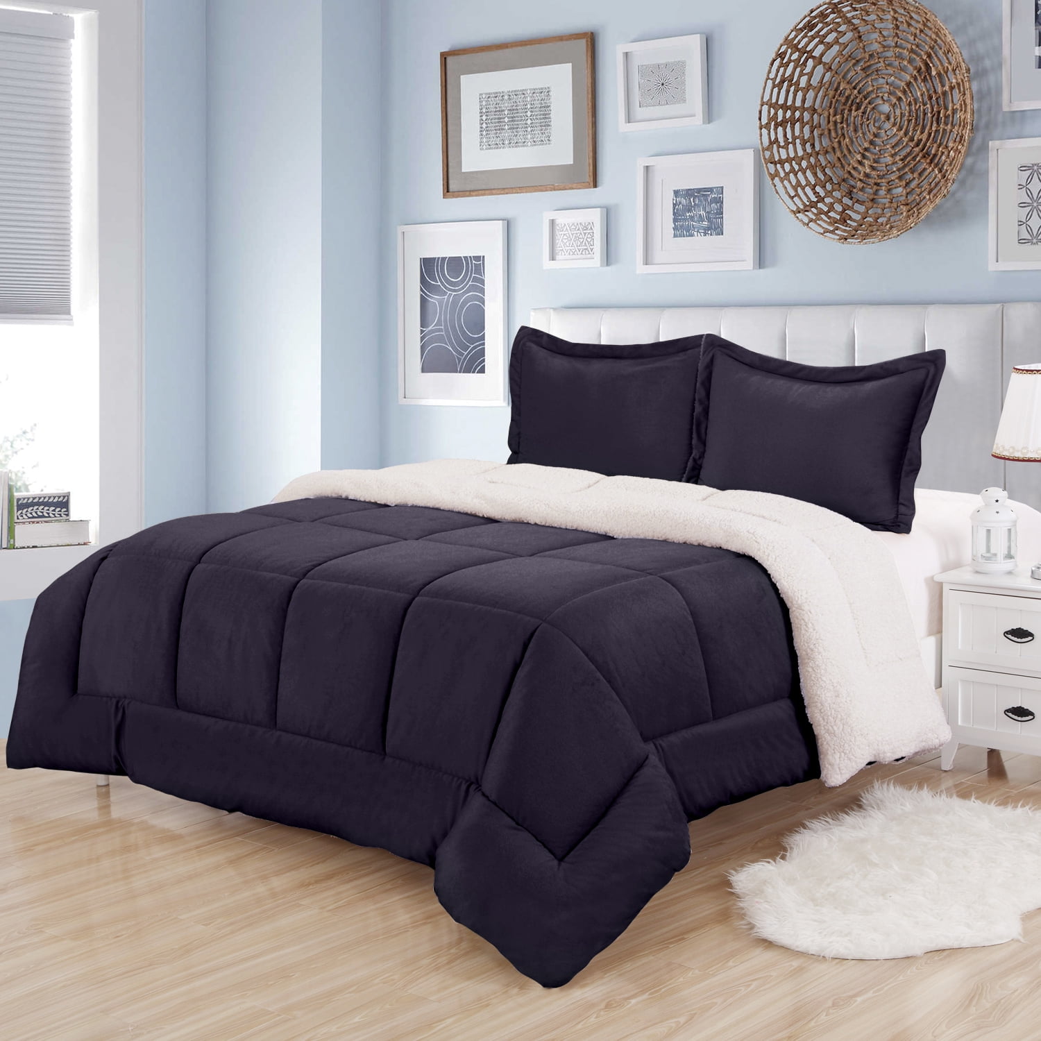 Sweet Home Collection 3 Piece Sherpa Comforter Set King Navy