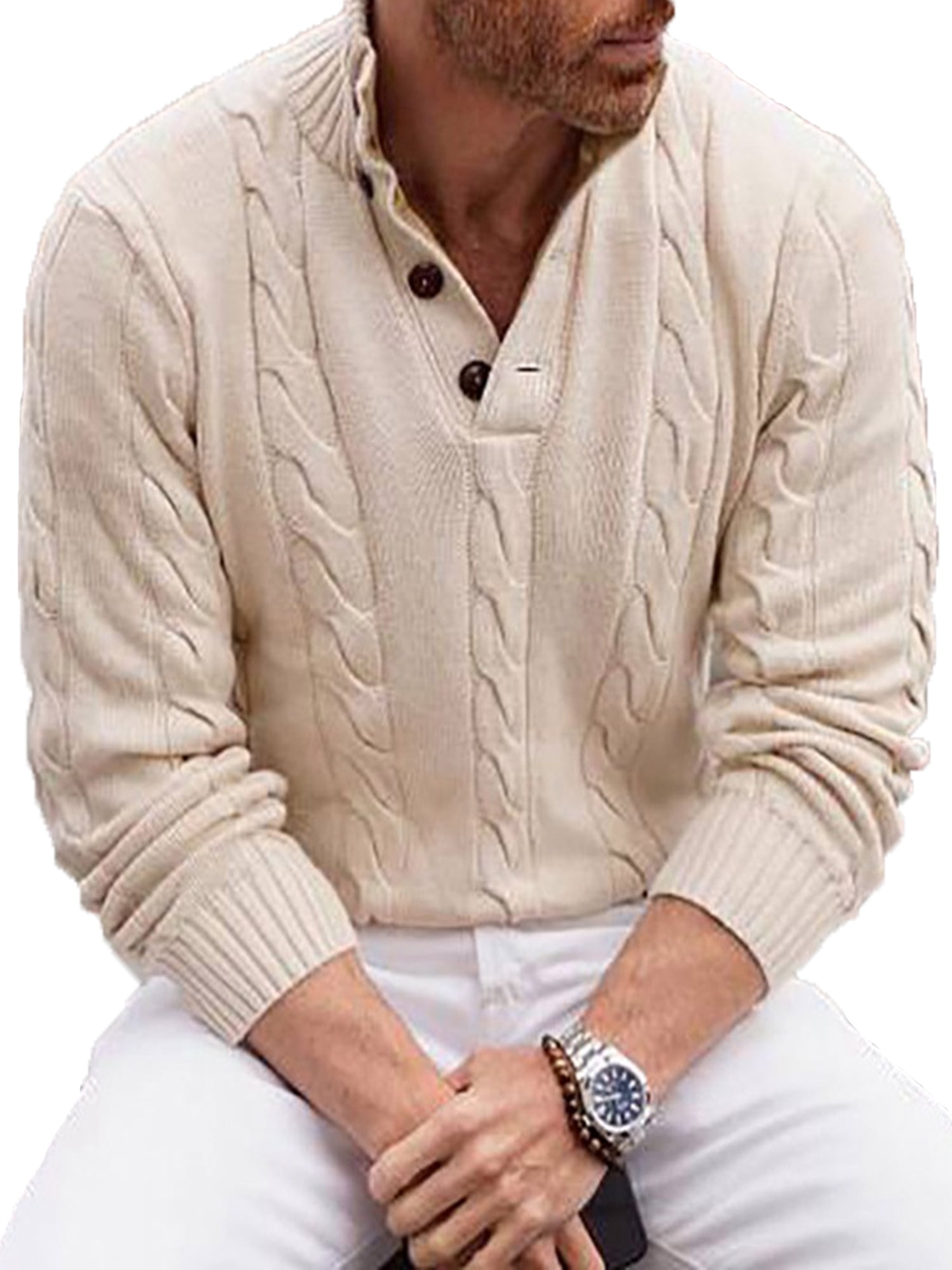 Ukap Ukap Mens Stylish Cable Knitted Sweater Wool Blended Chunky 1 4 Button Casual Loose Pullover Tops Jumper Walmart Com Walmart Com